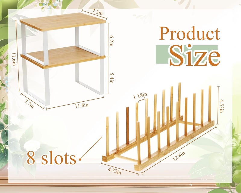 Marsui 4 Pcs Kitchen Organizer Accessories Set Cabinet Organizer Shelf and Bamboo Dish Drying Plate Rack Counter Shelves Storage Holder for Spice Rack, Dish, Pot Lid, Bowl, Cup(Wooden Color) - Image 2